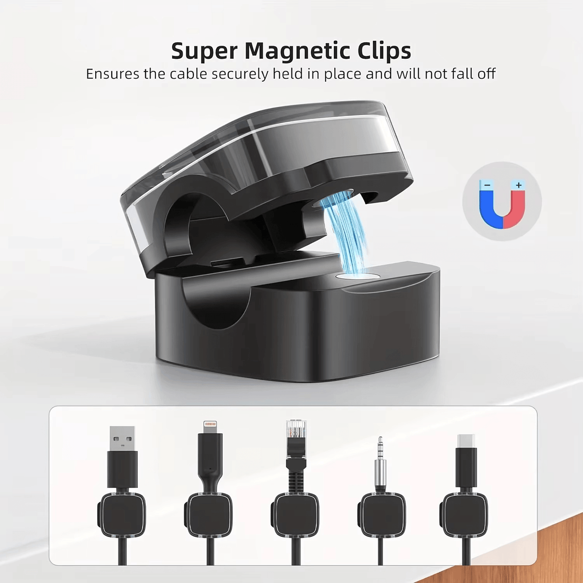 Magnetic cable clips holding cables